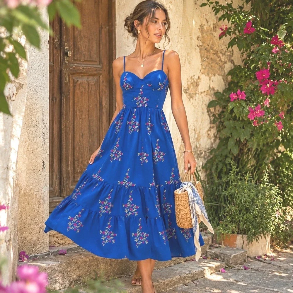 Betsey Johnson Blue Embroidered Bustier Midi Dress 0 Floral Coquette Tiered